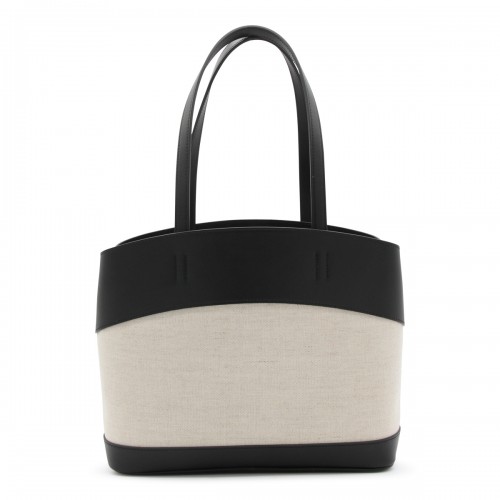 BLACK LEATHER AND BEIGE CANVAS TOTE BAG