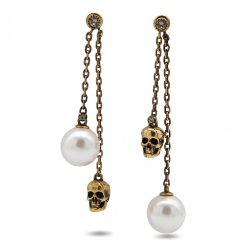 ANTIQUE GOLD METAL AND PEARL SKULL CHAIN EARRINGS 