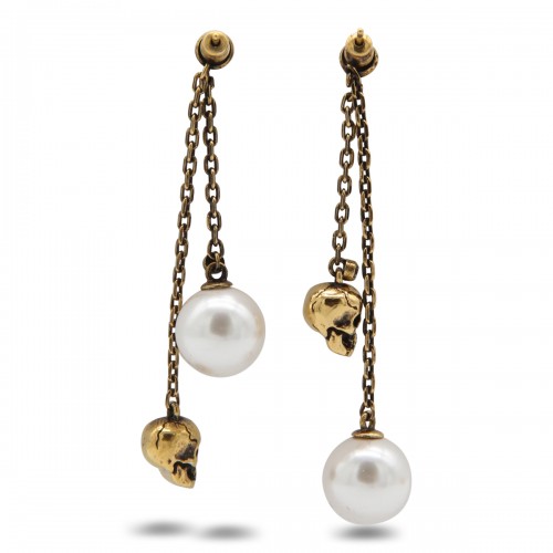ANTIQUE GOLD METAL AND PEARL SKULL CHAIN EARRINGS 