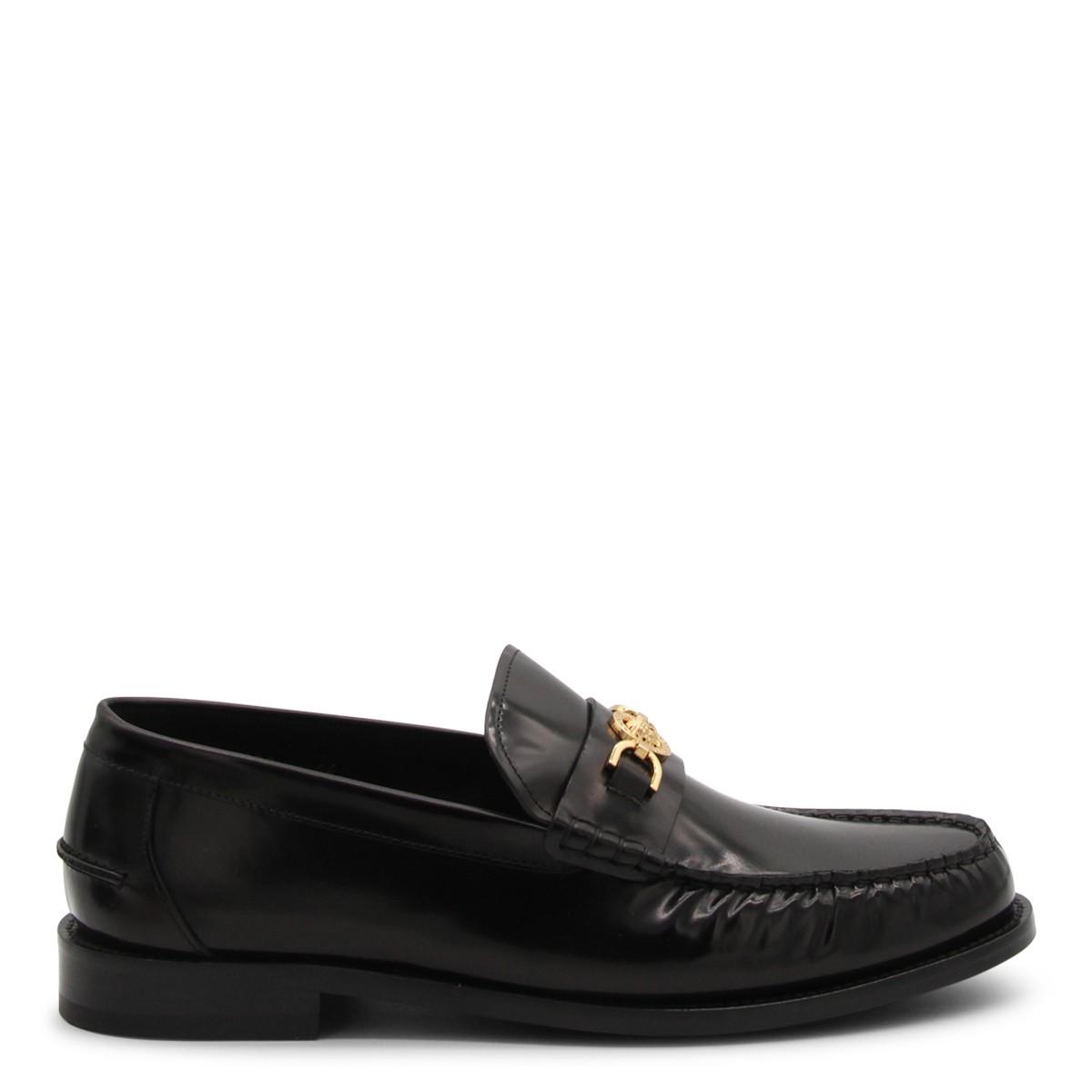 BLACK AND GOLD LEATHER MEDUSA LOAFERS