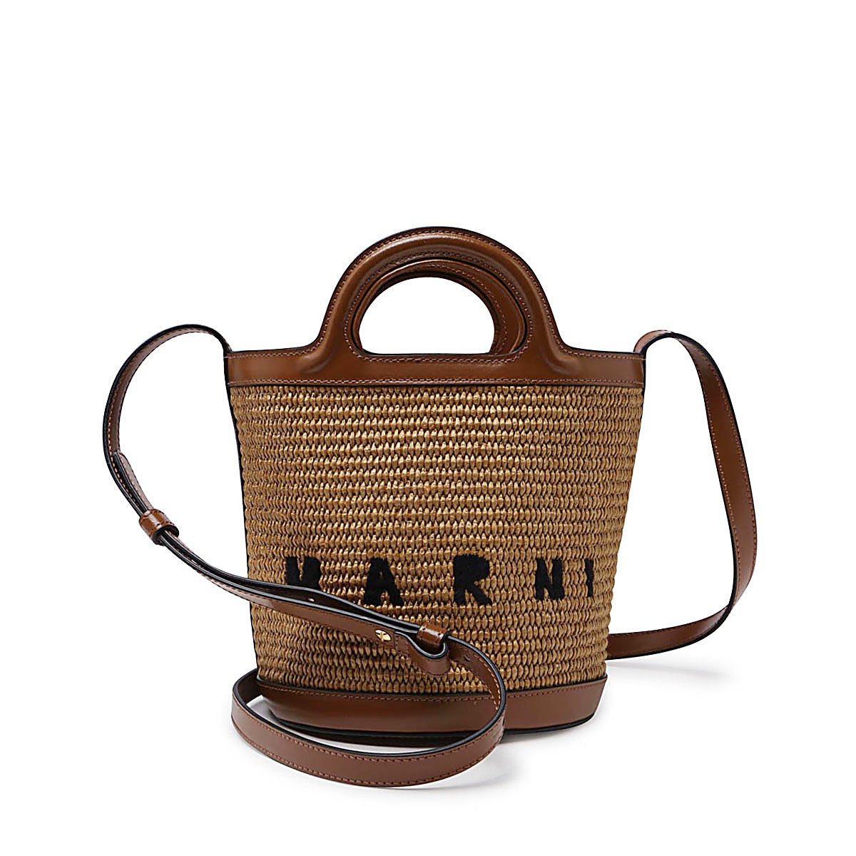 BROWN LEATHER AND RAFFIA BUCKET BAG