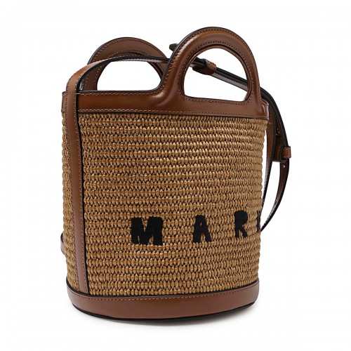 BROWN LEATHER AND RAFFIA BUCKET BAG