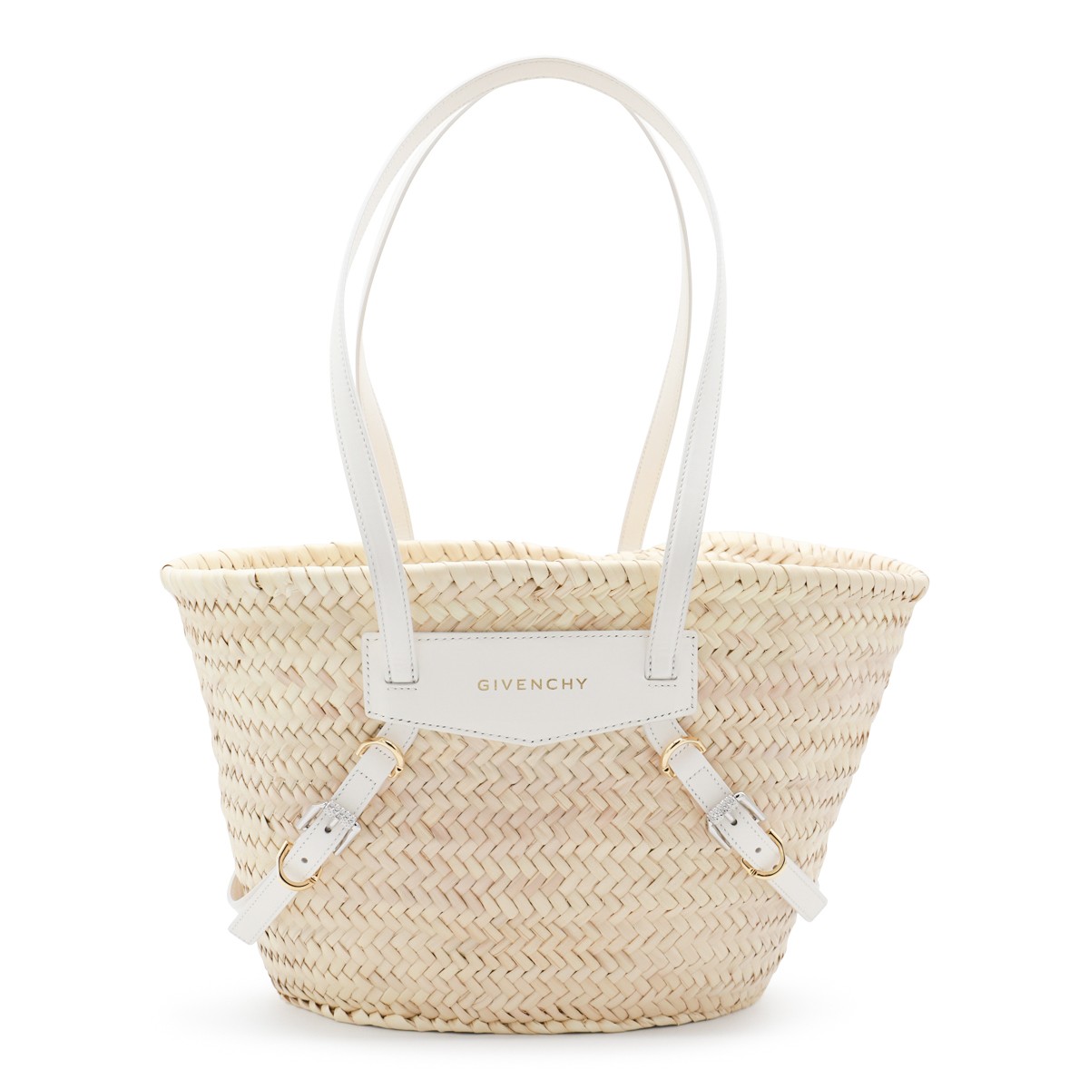 RAFFIA AND WHITE LEATHER VOYOU BASKET SMALL