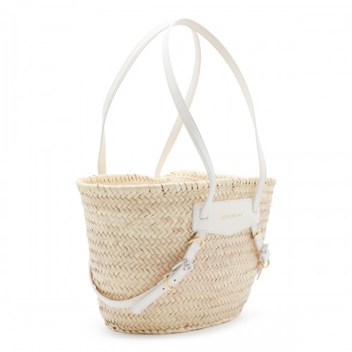 RAFFIA AND WHITE LEATHER VOYOU BASKET SMALL