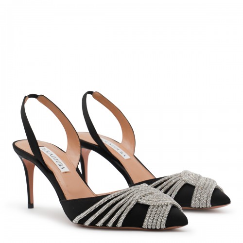 BLACK LEATHER GATSBY SLING SATIN 75 PUMPS