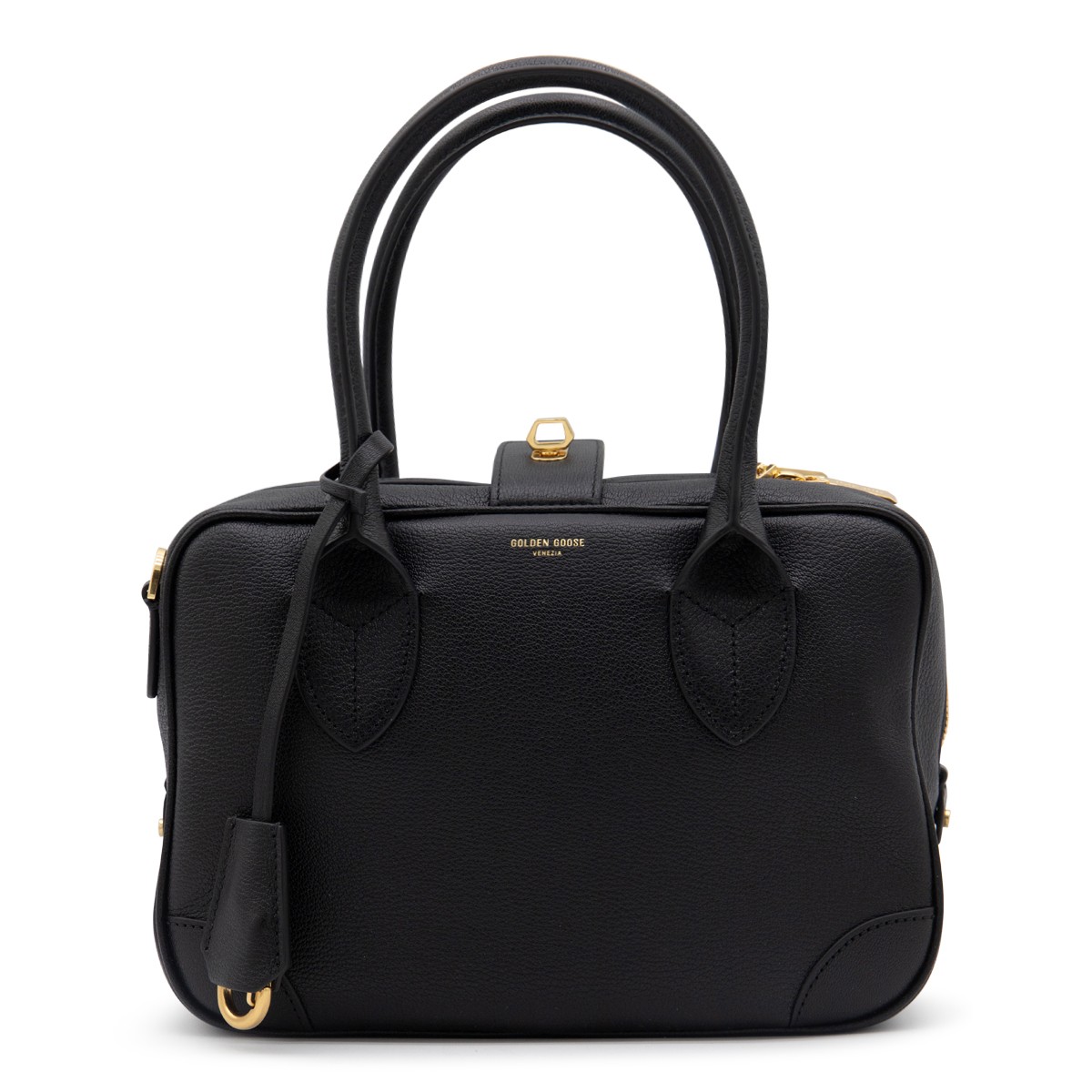 BLACK LEATHER TOP HANDLE BAG