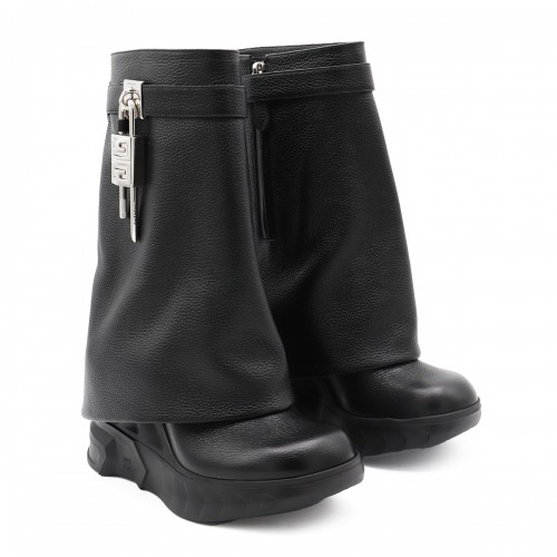 BLACK LEATHER SHARK LOCK BIKER BOOTS