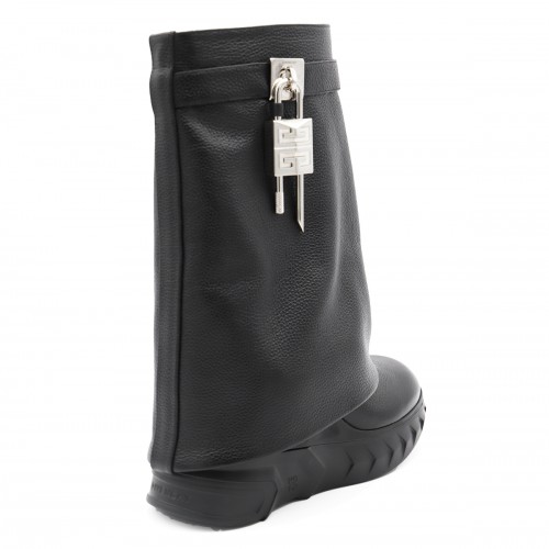 BLACK LEATHER SHARK LOCK BIKER BOOTS