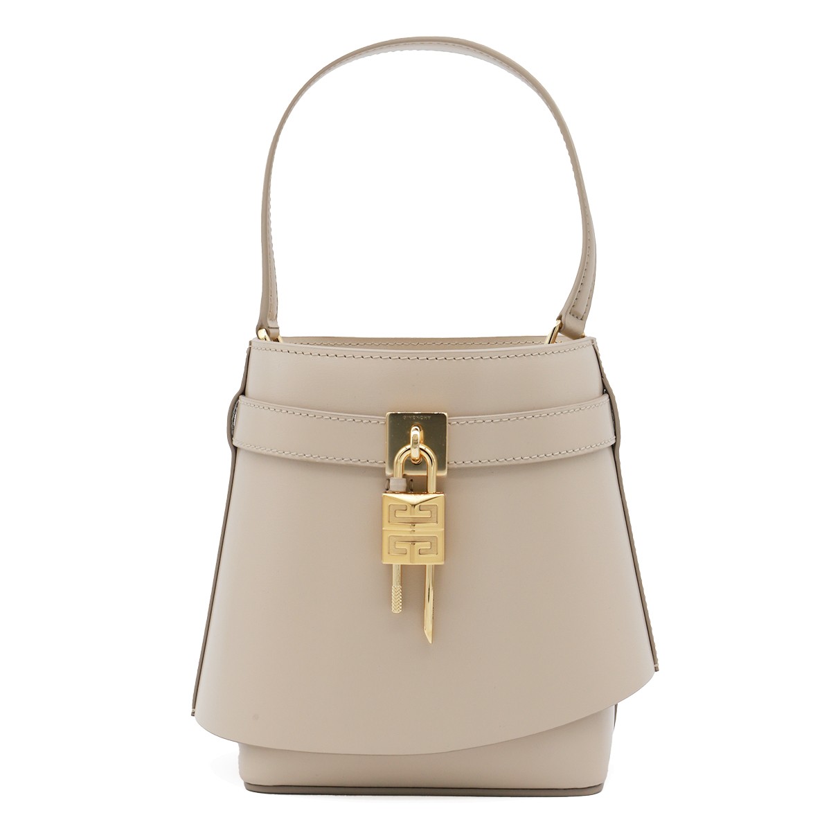 BEIGE LEATHER SHARK LOCK TOP HANDLE BAG