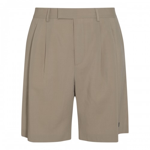 TAN WOOL BLEND DOUBLE PLEAT SHORTS