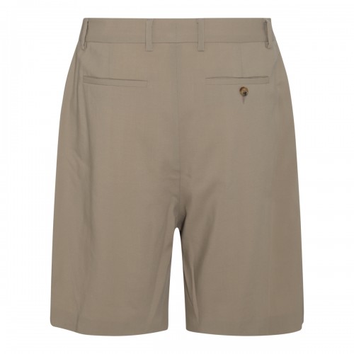 TAN WOOL BLEND DOUBLE PLEAT SHORTS