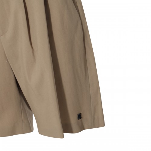 TAN WOOL BLEND DOUBLE PLEAT SHORTS