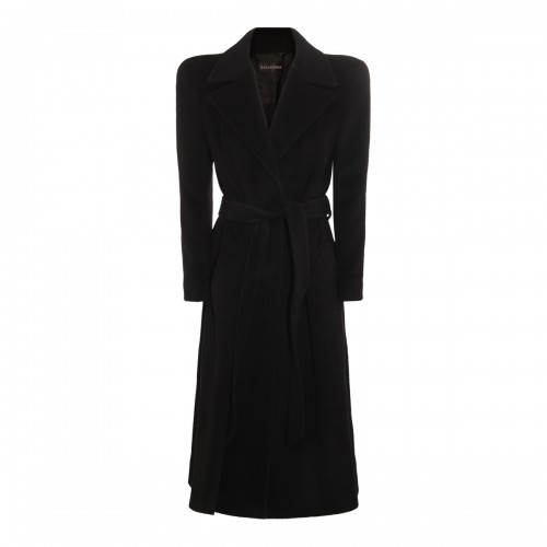 BLACK CASHMERE AND WOOL BLEND ROUND SHOULDER COAT