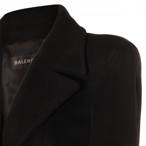 BLACK CASHMERE AND WOOL BLEND ROUND SHOULDER COAT