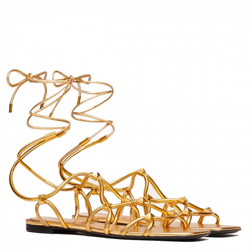 TAN LEATHER ROCKSTUD NET SANDALS 