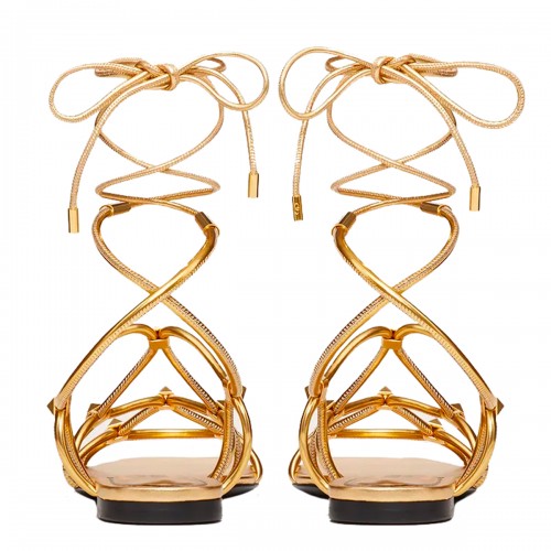 TAN LEATHER ROCKSTUD NET SANDALS 