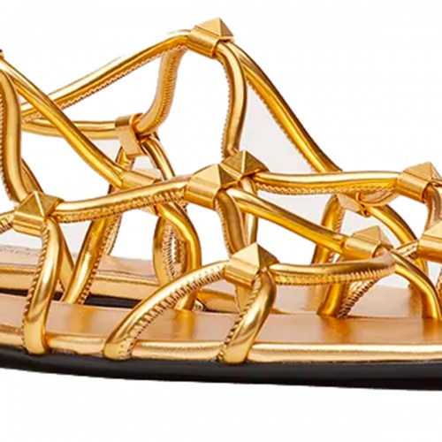 TAN LEATHER ROCKSTUD NET SANDALS 