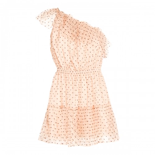 NUDE AND BLACK VISCOSE BLEND ONE SHOULDER POLKA DOTS DRESS 