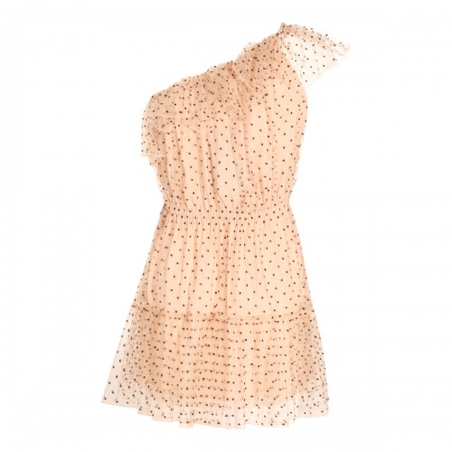 NUDE AND BLACK VISCOSE BLEND ONE SHOULDER POLKA DOTS DRESS 