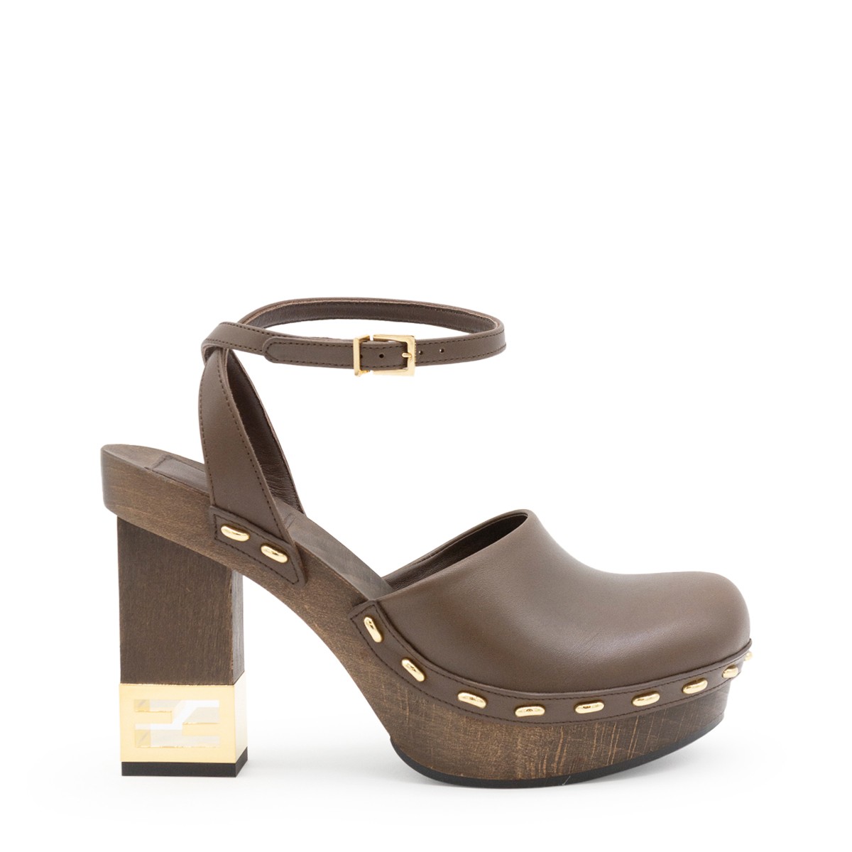 BROWN LEATHER HIGH HEEL SHOW CLOGS