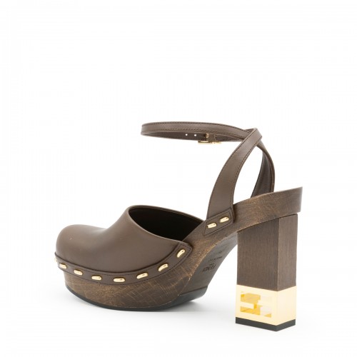 BROWN LEATHER HIGH HEEL SHOW CLOGS