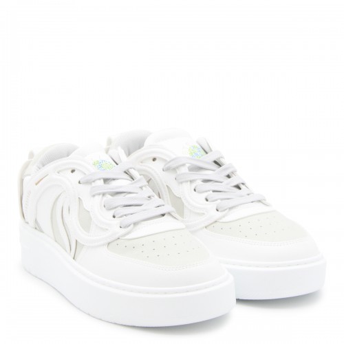 WHITE CANVAS AND FAUX LEATHER SNEAKERS