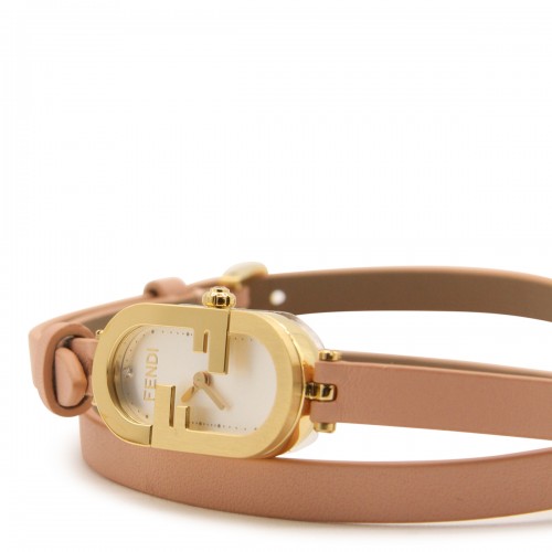 PINK LEATHER AND GOLD METAL O'CLOCK VERTICAL WATCH