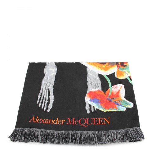 BLACK MULTICOLOUR SILK-WOOL BLEND ORCHID SKELETON SCARF