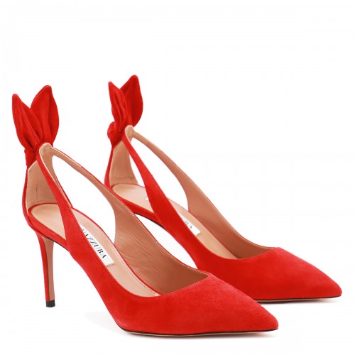 RED SUEDE BOX TIE PUMPS