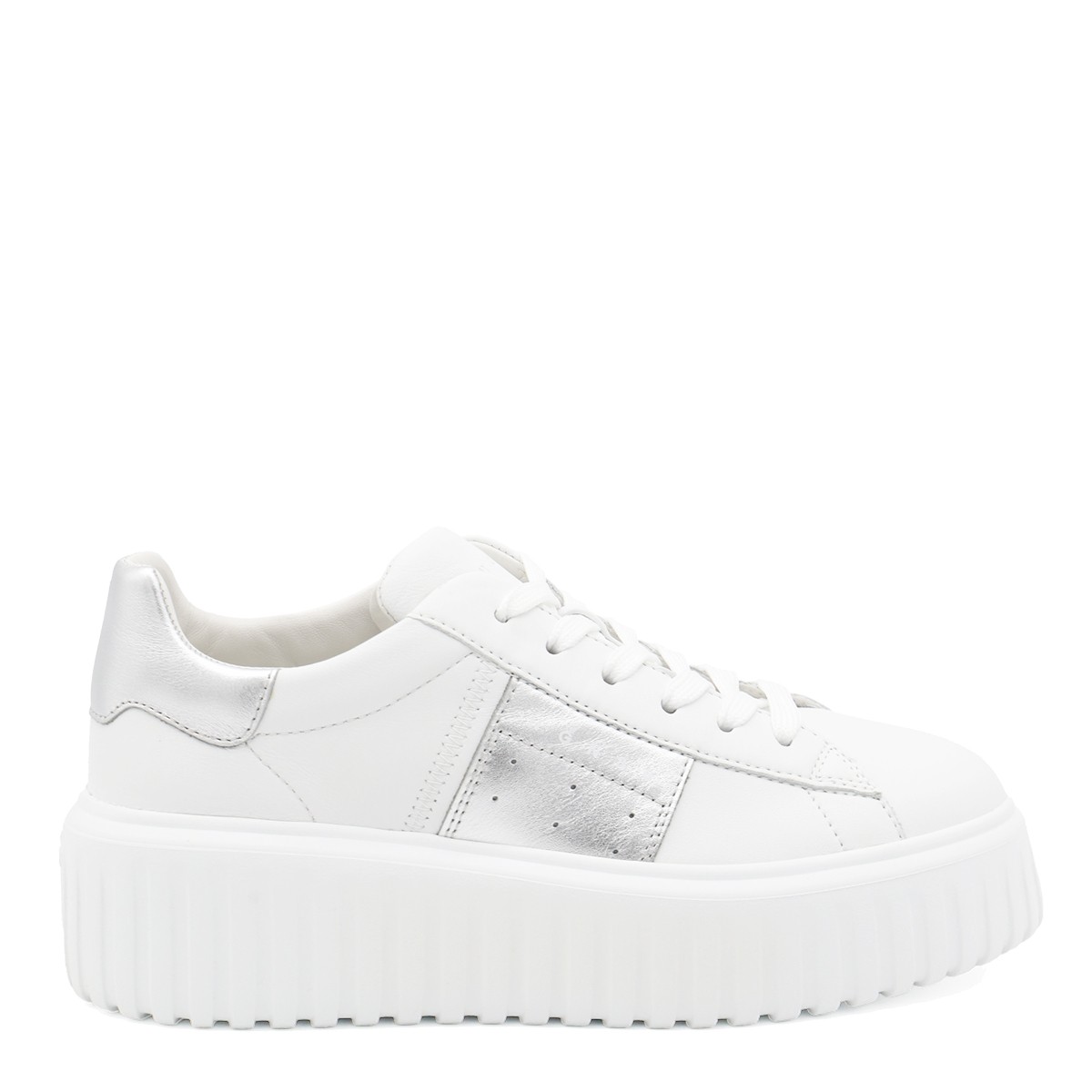 WHITE AND SILVER LEATHER SNEAKERS