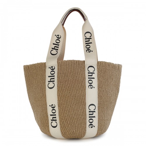 WHITE RAFFIA WOODY LARGE TOTE BAG