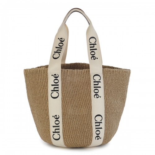 WHITE RAFFIA WOODY LARGE TOTE BAG