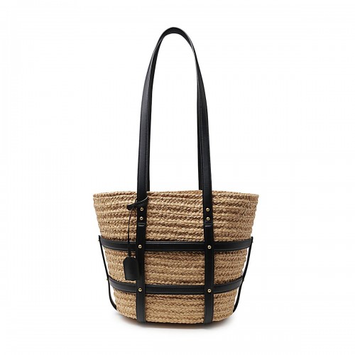 BLACK AND NATURAL VISCOSE AND RAFIA TOTE BAG