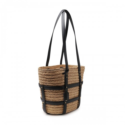 BLACK AND NATURAL VISCOSE AND RAFIA TOTE BAG