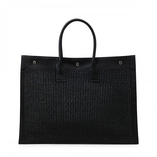 BLACK LEATHER AND CANVAS RIVE GAUCHE TOTE BAG