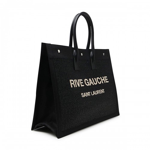 BLACK LEATHER AND CANVAS RIVE GAUCHE TOTE BAG