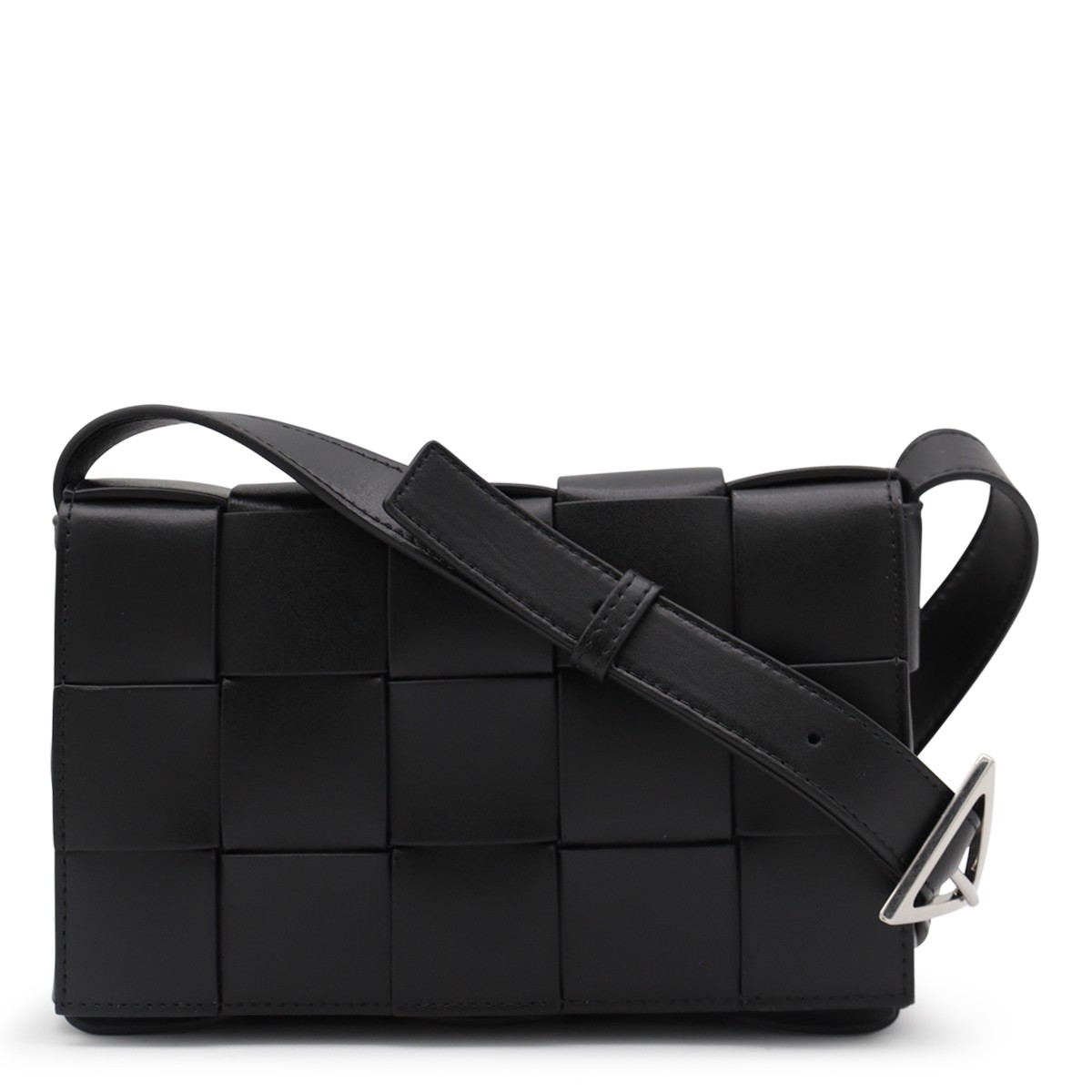 BLACK LEATHER CASSETTE SHOULDER BAG