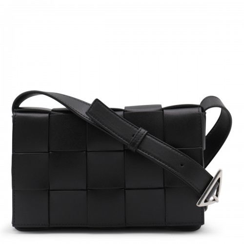 BLACK LEATHER CASSETTE SHOULDER BAG