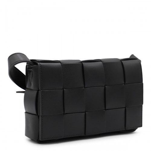 BLACK LEATHER CASSETTE SHOULDER BAG