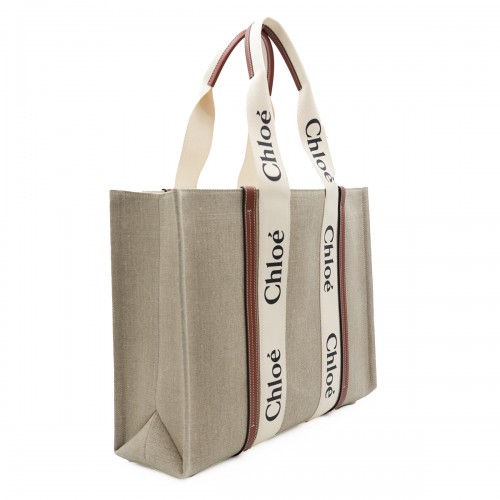 BEIGE AND BROWN WOODY LINEN TOTES