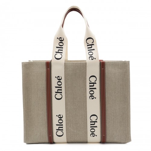 BEIGE AND BROWN WOODY LINEN TOTES