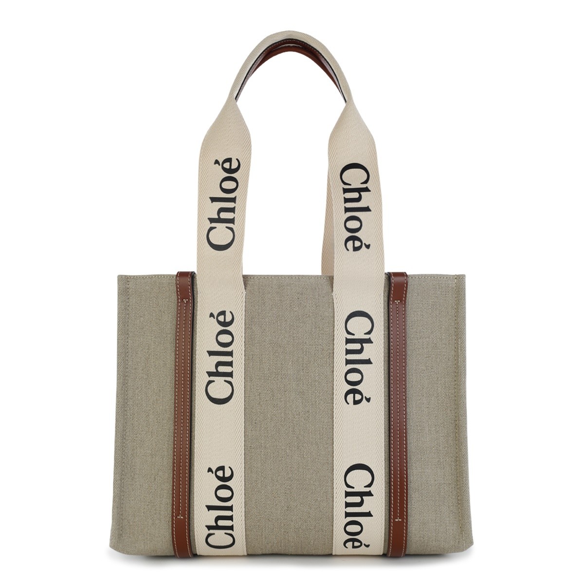 WHITE BROWN CANVAS WOODY MEDIUM TOTE BAG