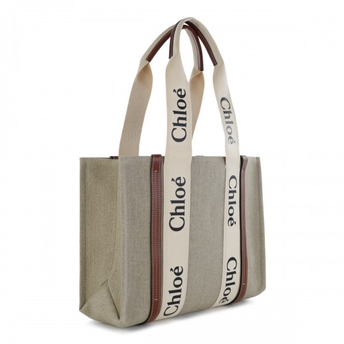 WHITE BROWN CANVAS WOODY MEDIUM TOTE BAG