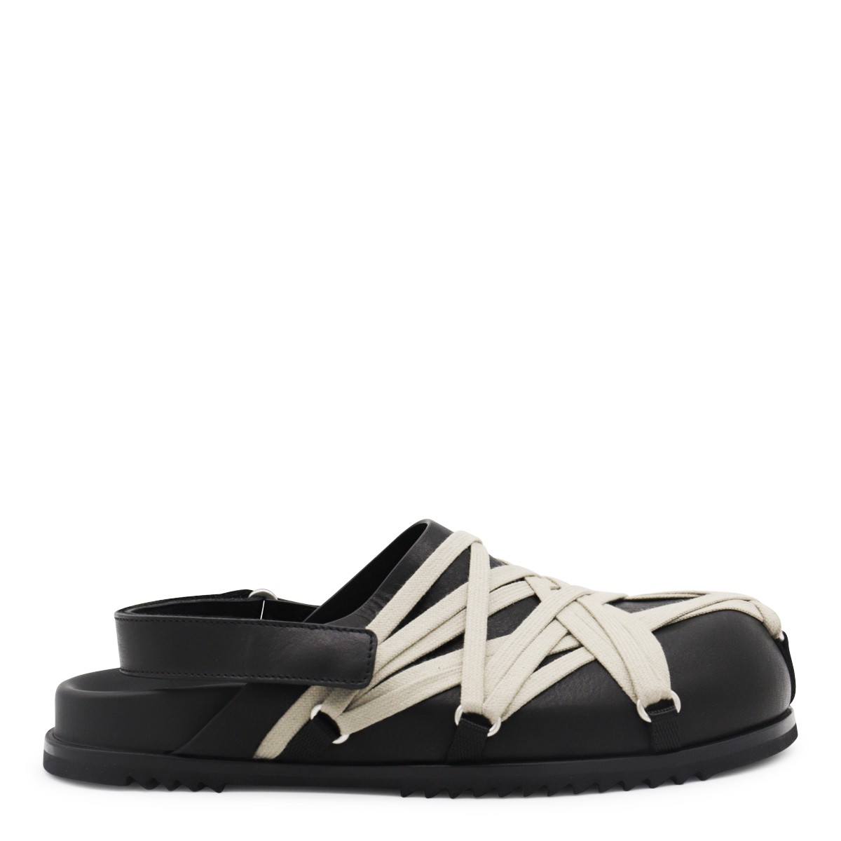 BLACK LEATHER MEGALACED MULE GRANOLA FLATS