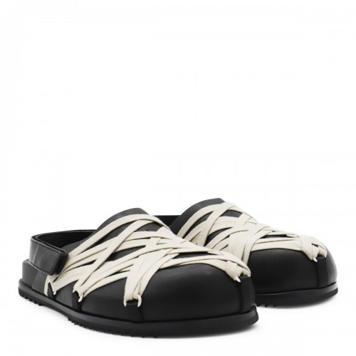 BLACK LEATHER MEGALACED MULE GRANOLA FLATS