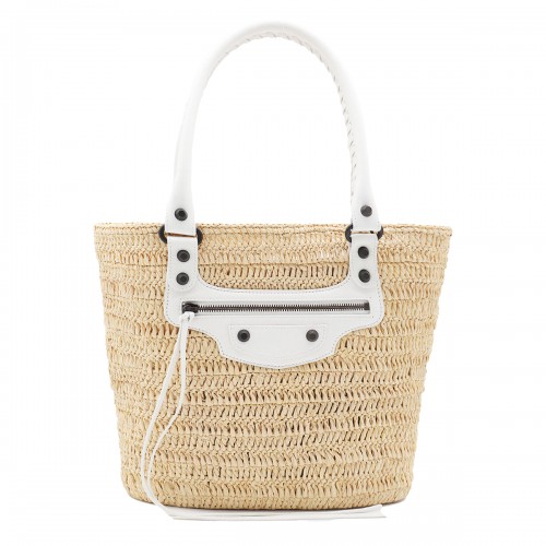 NATURAL AND WHITE RAFFIA LE CITY SMALL TOTE
