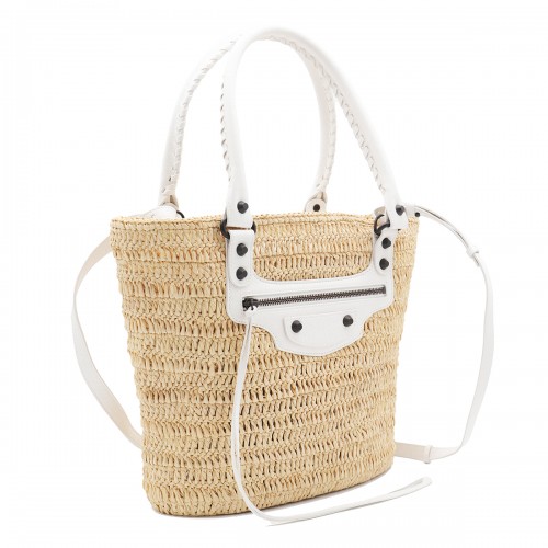 NATURAL AND WHITE RAFFIA LE CITY SMALL TOTE
