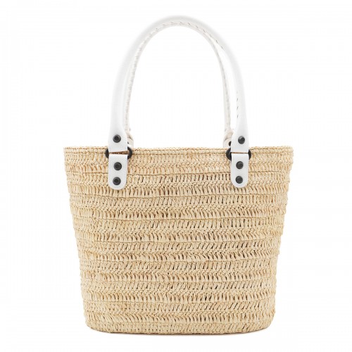 NATURAL AND WHITE RAFFIA LE CITY SMALL TOTE