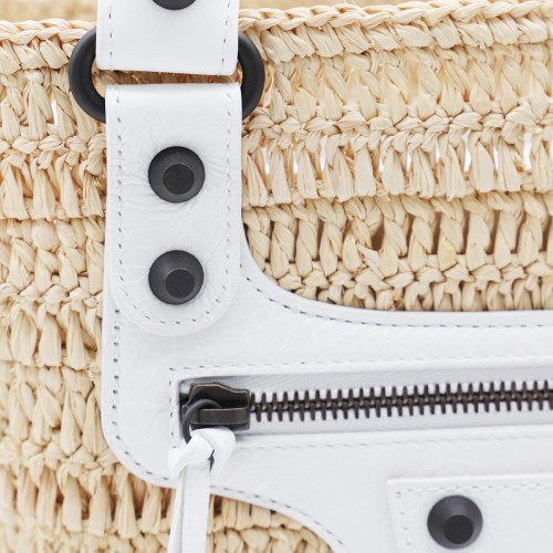 NATURAL AND WHITE RAFFIA LE CITY SMALL TOTE