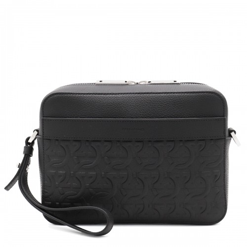 BLACK LEATHER TRAVEL EMBOSSED CROSSBODY BAG